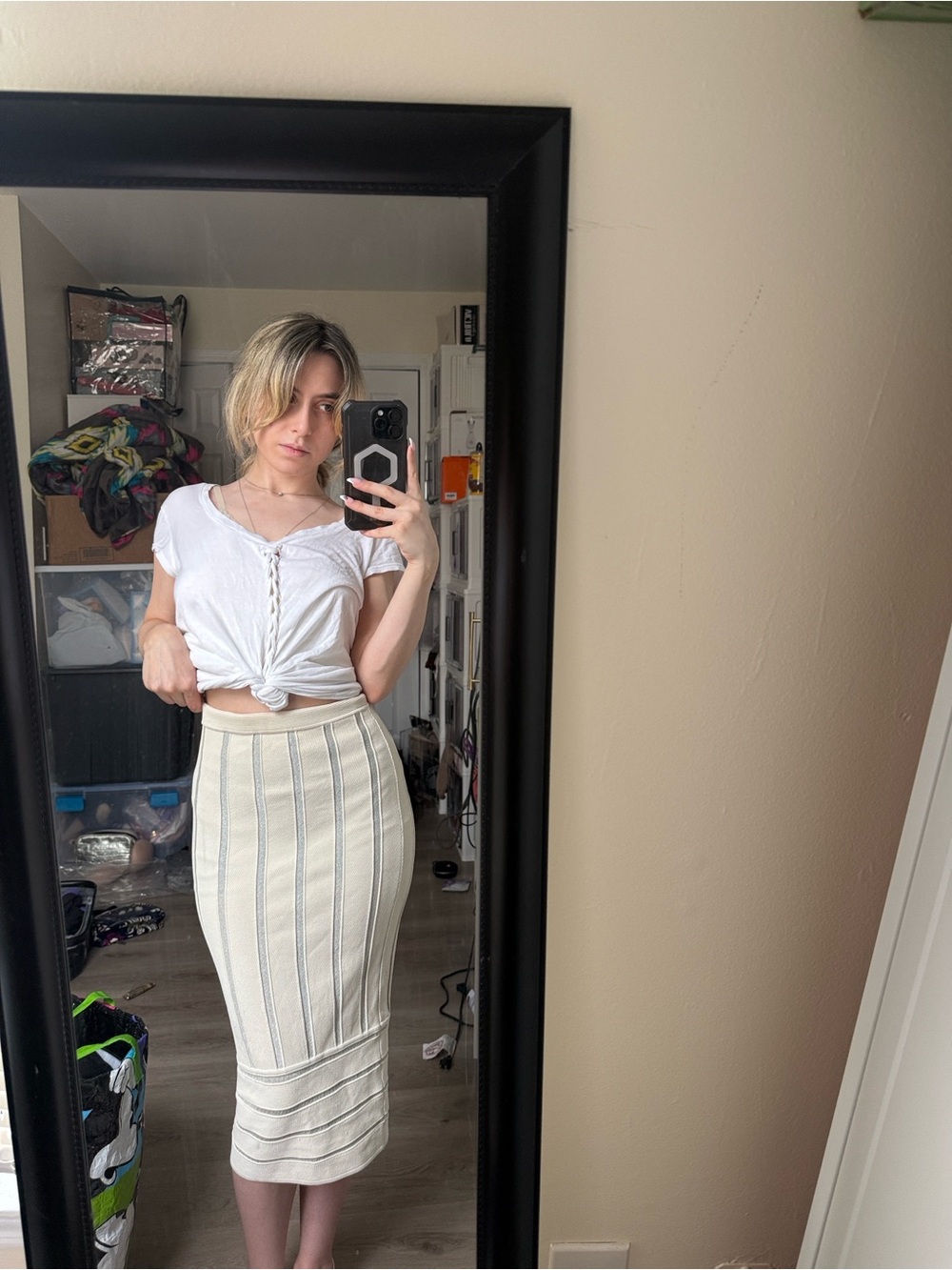 Ronny Kobo Collection Cream and Gray Striped Pencil Skirt